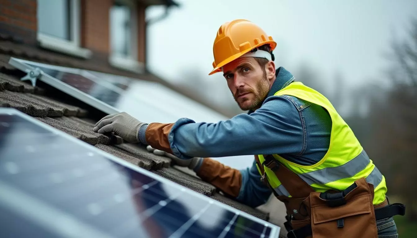 A worker installing solar panels on a residential roof.