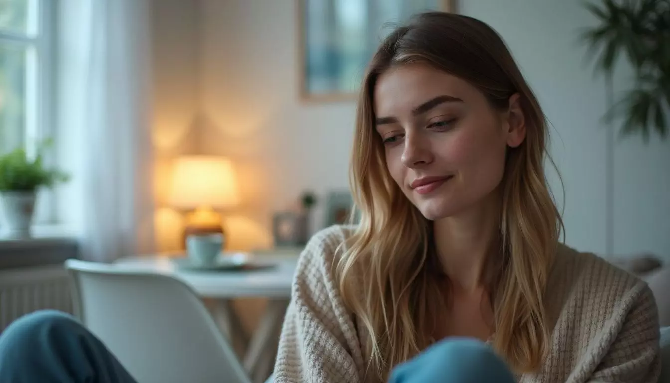 A woman in her 30s sitting in a modern, softly lit room.