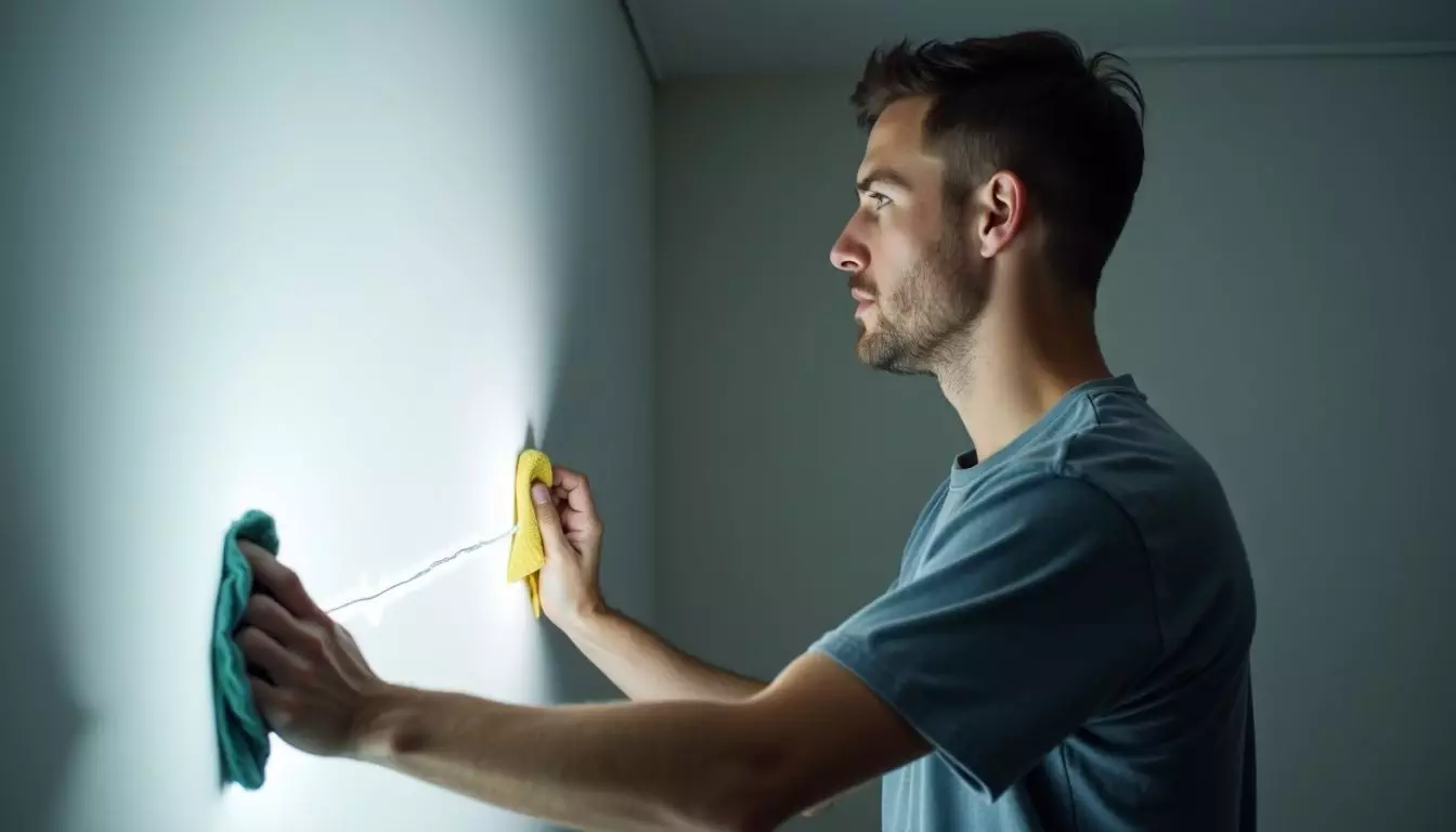 A person in their 30s cleaning a white wall for LED installation.