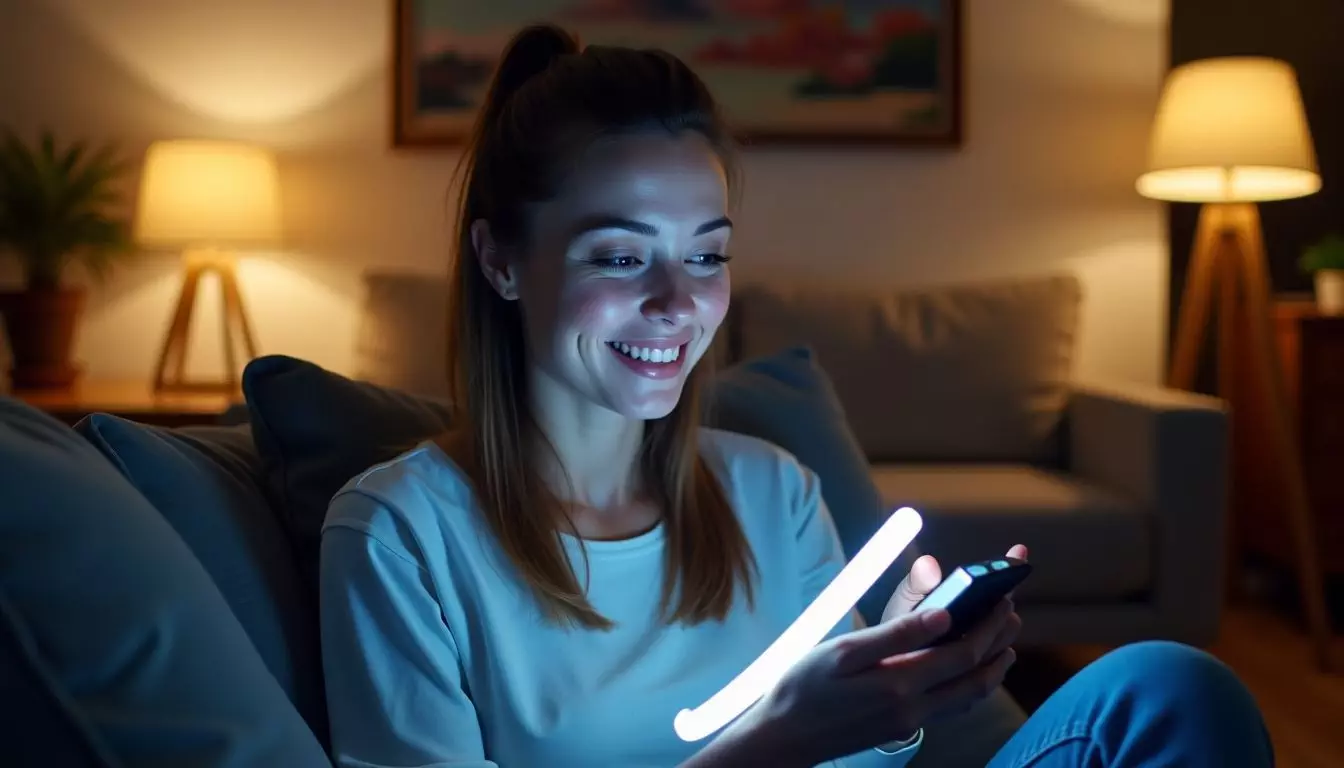 A woman in her 30s is setting up LED light strips at home.