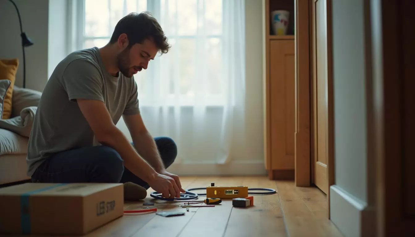 A man sets up LED strips in a DIY home project.